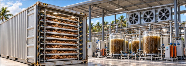 A shipping container with ten shelves of algae beside a covered processing line of glass tanks, pipework and fans.