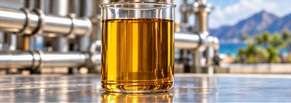 A beaker of amber fuel in front of stainless pipework.